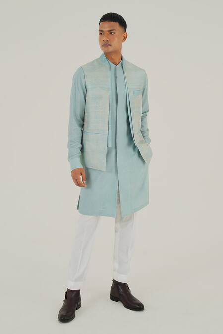 Shop_Dhruv Vaish_Blue Silk Embroidery Powder Jawahar Jacket _Online_at_Aza_Fashions