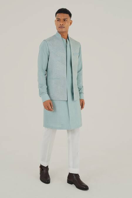 Dhruv Vaish_Blue Silk Embroidery Powder Jawahar Jacket _at_Aza_Fashions