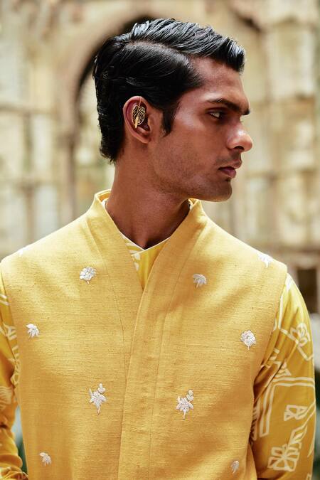 Shop Dhruv Vaish Yellow Silk Embroidery Marigold Leaf Jawahar Jacket at Aza Fashions Shop_Dhruv Vaish_Yellow Silk Embroidery Marigold Leaf Jawahar Jacket_at_Aza_Fashions