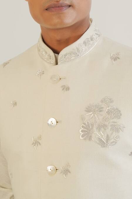 Buy_Dhruv Vaish_Ivory Silk Embroidery Jawahar Jacket_Online_at_Aza_Fashions