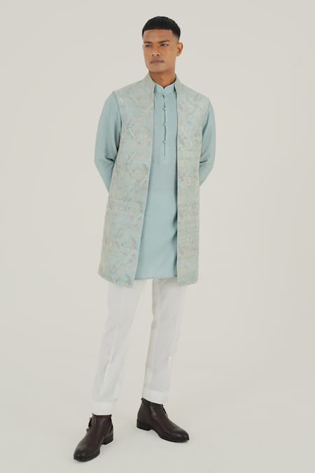 Dhruv Vaish Blue Silk Embroidered Zari Open Jawahar Jacket 