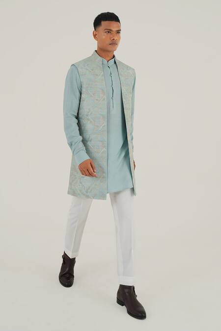 Dhruv Vaish_Blue Silk Zari, Embroidery Open Jawahar Jacket_Online_at_Aza_Fashions