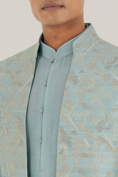 Buy_Dhruv Vaish_Blue Silk Zari, Embroidery Open Jawahar Jacket_Online_at_Aza_Fashions