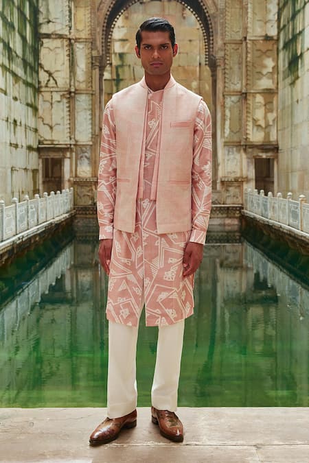 Dhruv Vaish Pink Silk Embroidered Thread Open Jawahar Jacket