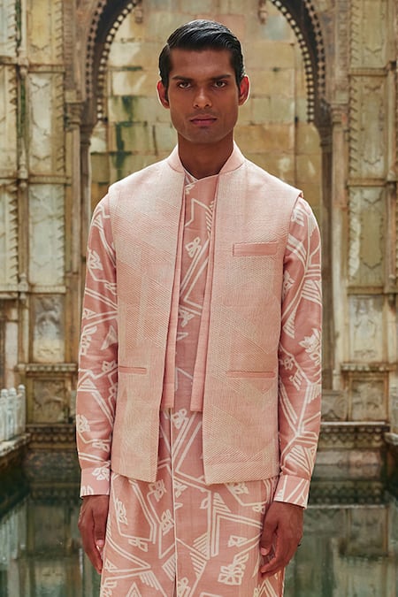 Shop Dhruv Vaish Pink Silk Embroidery Thread Open Jawahar Jacket at Aza Fashions Shop_Dhruv Vaish_Pink Silk Embroidery Thread Open Jawahar Jacket _at_Aza_Fashions