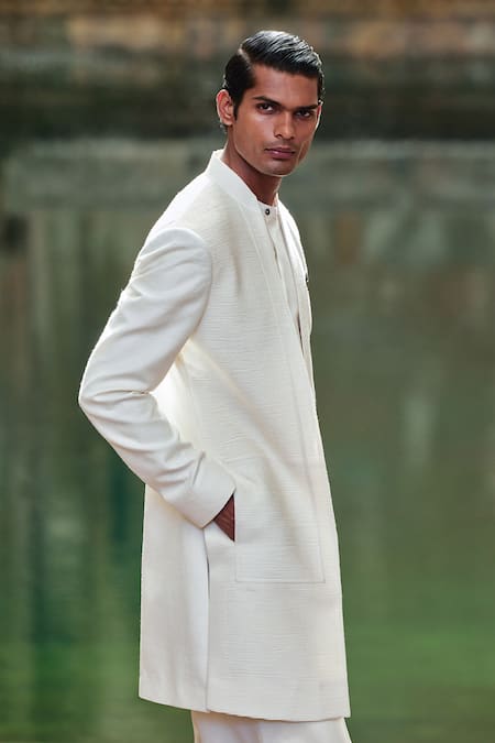 Shop_Dhruv Vaish_Ivory Silk Pintuck Detailed Sherwani _at_Aza_Fashions