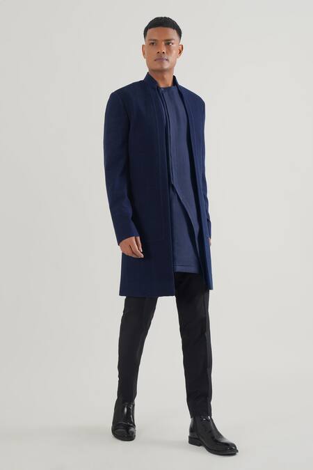 Dhruv Vaish_Blue Silk Embroidery Pintuck Detailed Front Open Sherwani_Online_at_Aza_Fashions