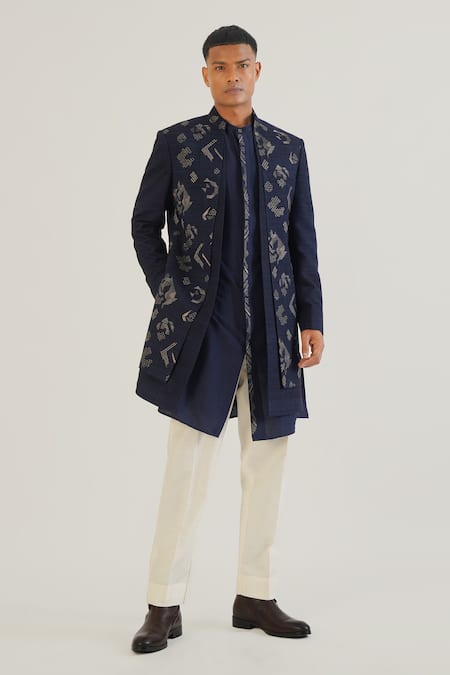 Dhruv Vaish Blue Silk Embroidered Zari Multi Layered Sherwani With Kurta Set 