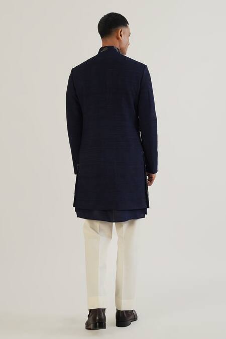 Shop Dhruv Vaish Blue Silk, Cotton Zari, Embroidery Multi Layered Sherwani With Kurta Set at Aza Fashions Shop_Dhruv Vaish_Blue Silk, Cotton Zari, Embroidery Multi Layered Sherwani With Kurta Set_at_Aza_Fashions