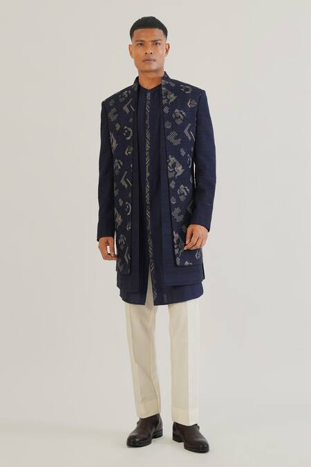 Dhruv Vaish Blue Silk, Cotton Zari, Embroidery Multi Layered Sherwani With Kurta Set Online at Aza Fashions Dhruv Vaish_Blue Silk, Cotton Zari, Embroidery Multi Layered Sherwani With Kurta Set_Online_at_Aza_Fashions