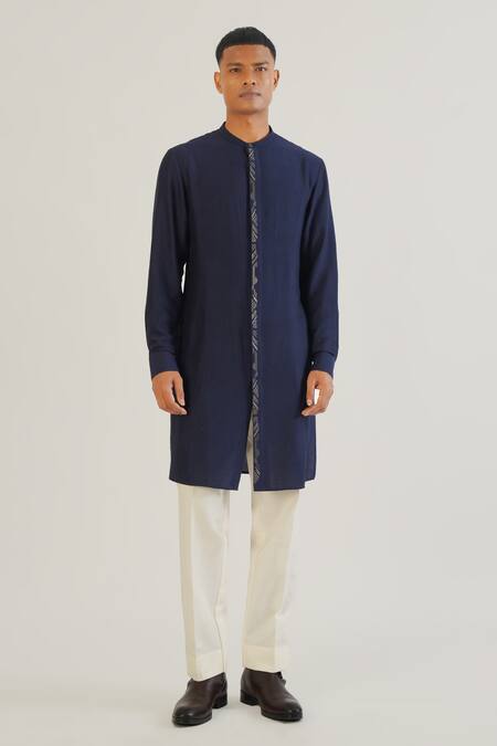 Shop Dhruv Vaish Blue Silk, Cotton Zari, Embroidery Multi Layered Sherwani With Kurta Set Online at Aza Fashions Shop_Dhruv Vaish_Blue Silk, Cotton Zari, Embroidery Multi Layered Sherwani With Kurta Set_Online_at_Aza_Fashions