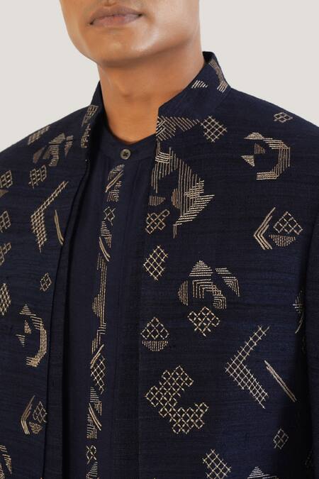 Shop Dhruv Vaish Blue Silk, Cotton Zari, Embroidery Multi Layered Sherwani With Kurta Set Shop_Dhruv Vaish_Blue Silk, Cotton Zari, Embroidery Multi Layered Sherwani With Kurta Set