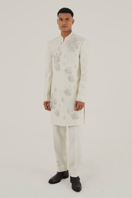 Dhruv Vaish Ivory Silk Embroidery Floral Zari Sherwani Online at Aza Fashions Dhruv Vaish_Ivory Silk Embroidery Floral Zari Sherwani_Online_at_Aza_Fashions