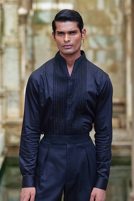 Shop Dhruv Vaish Black Cotton Satin Beads Pintuck Detailed Shirt at Aza Fashions Shop_Dhruv Vaish_Black Cotton Satin Beads Pintuck Detailed Shirt_at_Aza_Fashions