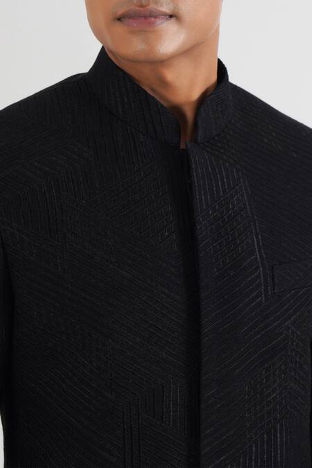 Dhruv Vaish Black Silk Lace Tonal Detailed Bandhgala Online at Aza Fashions Dhruv Vaish_Black Silk Lace Tonal Detailed Bandhgala_Online_at_Aza_Fashions