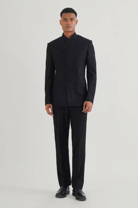 Buy Dhruv Vaish Black Silk Lace Tonal Detailed Bandhgala Online at Aza Fashions Buy_Dhruv Vaish_Black Silk Lace Tonal Detailed Bandhgala_Online_at_Aza_Fashions