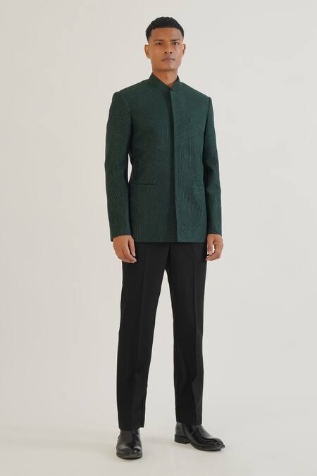 Buy_Dhruv Vaish_Green Silk Lace Tonal Embroidered Bandhgala_Online_at_Aza_Fashions