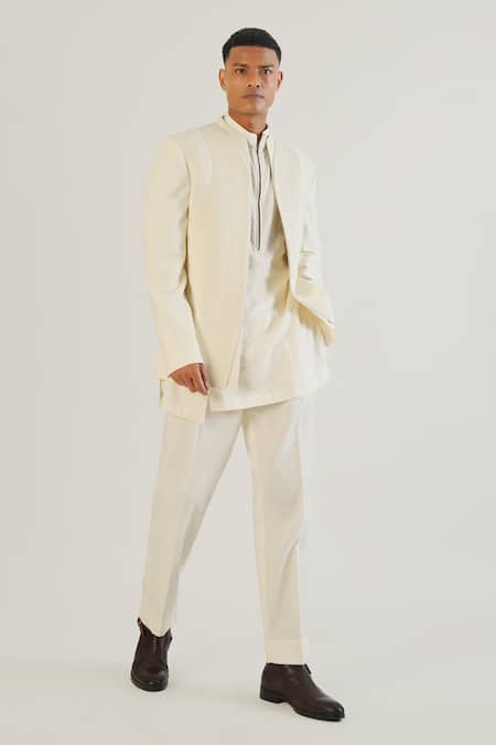 Dhruv Vaish_Ivory Silk Embroidered Pintuck Detailed Bandhgala _Online_at_Aza_Fashions