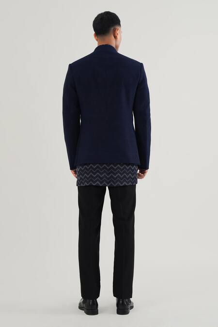 Shop Dhruv Vaish Blue Silk Embroidery Contrasting Pintuck Bandhgala at Aza Fashions Shop_Dhruv Vaish_Blue Silk Embroidery Contrasting Pintuck Bandhgala_at_Aza_Fashions