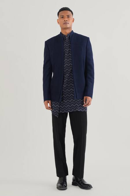 Dhruv Vaish Blue Silk Embroidery Contrasting Pintuck Bandhgala Online at Aza Fashions Dhruv Vaish_Blue Silk Embroidery Contrasting Pintuck Bandhgala_Online_at_Aza_Fashions