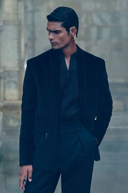 Shop Dhruv Vaish Black Velvet Piping Detailed Neck Jacket at Aza Fashions Shop_Dhruv Vaish_Black Velvet Piping Detailed Neck Jacket_at_Aza_Fashions