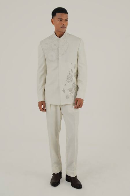 Dhruv Vaish_Ivory Silk Zari Embroidered Front Bandhgala_Online_at_Aza_Fashions