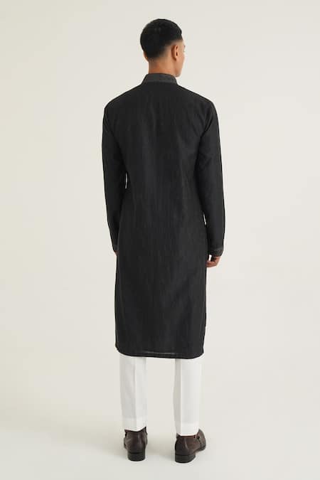 Shop Dhruv Vaish Black Chanderi, Cotton, Silk Embroidery Kurta With Solid Pant at Aza Fashions Shop_Dhruv Vaish_Black Chanderi, Cotton, Silk Embroidery Kurta With Solid Pant _at_Aza_Fashions