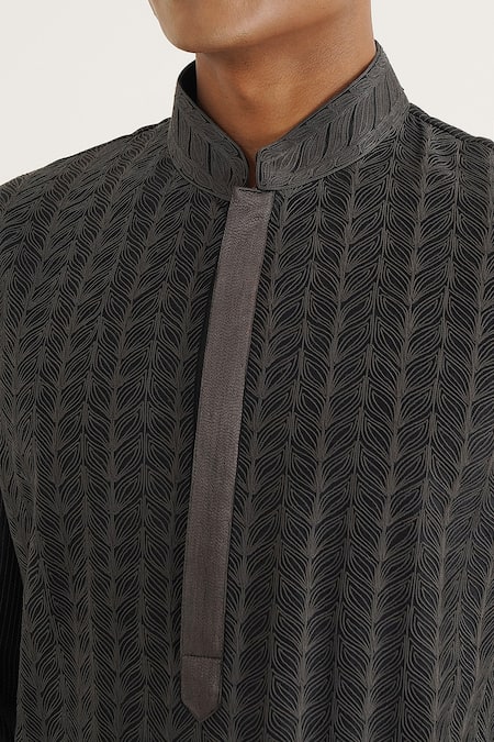 Dhruv Vaish Black Chanderi, Cotton, Silk Embroidery Kurta With Solid Pant Online at Aza Fashions Dhruv Vaish_Black Chanderi, Cotton, Silk Embroidery Kurta With Solid Pant _Online_at_Aza_Fashions