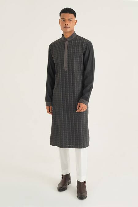 Shop Dhruv Vaish Black Chanderi, Cotton, Silk Embroidery Kurta With Solid Pant Online at Aza Fashions Shop_Dhruv Vaish_Black Chanderi, Cotton, Silk Embroidery Kurta With Solid Pant _Online_at_Aza_Fashions