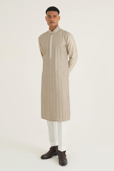 Dhruv Vaish Cream Cotton, Silk, Chanderi Embroidery Veil Kurta With Solid Pant Online at Aza Fashions Dhruv Vaish_Cream Cotton, Silk, Chanderi Embroidery Veil Kurta With Solid Pant _Online_at_Aza_Fashions