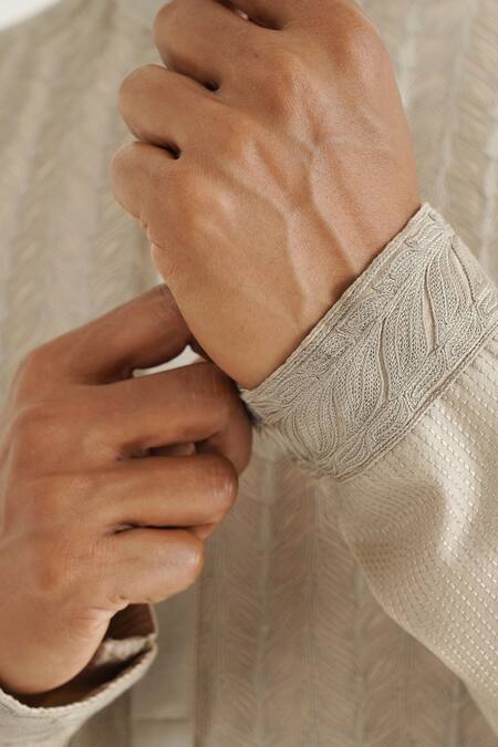 Shop Dhruv Vaish Cream Cotton, Silk, Chanderi Embroidery Veil Kurta With Solid Pant Online at Aza Fashions Shop_Dhruv Vaish_Cream Cotton, Silk, Chanderi Embroidery Veil Kurta With Solid Pant _Online_at_Aza_Fashions