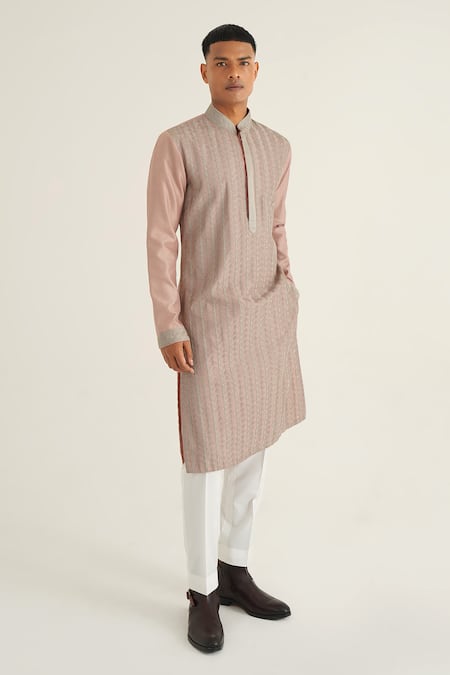 Dhruv Vaish Pink Cotton Silk Chanderi Embroidered Veil Thread Kurta With Solid Pant 