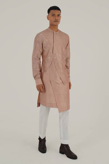 Shop Dhruv Vaish Pink Silk Embroidery Floral Metallic Kurta Set Online at Aza Fashions Shop_Dhruv Vaish_Pink Silk Embroidery Floral Metallic Kurta Set_Online_at_Aza_Fashions