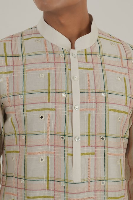 Dhruv Vaish Ivory Cotton, Silk, Chanderi Mirrors, Embroidery Thread Kurta Set Online at Aza Fashions Dhruv Vaish_Ivory Cotton, Silk, Chanderi Mirrors, Embroidery Thread Kurta Set_Online_at_Aza_Fashions