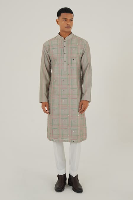 Dhruv Vaish Grey Cotton Silk Chanderi Embroidery Thread Geometric Kurta Set 