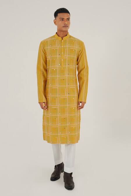 Dhruv Vaish Yellow Chanderi, Cotton Mirrors, Embroidery Checkered Kurta Set Online at Aza Fashions Dhruv Vaish_Yellow Chanderi, Cotton Mirrors, Embroidery Checkered Kurta Set_Online_at_Aza_Fashions