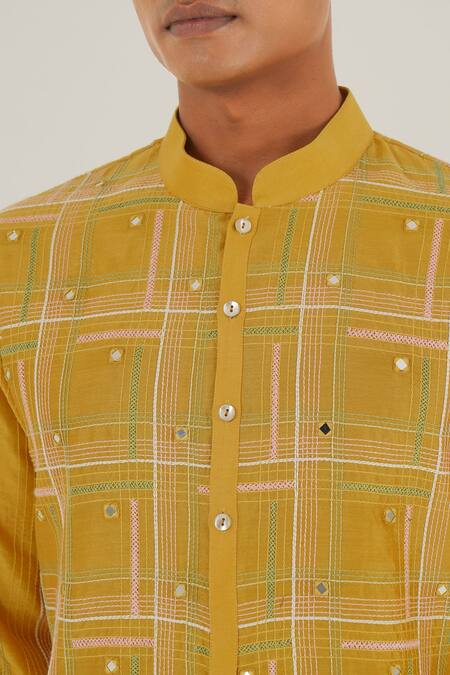 Shop Dhruv Vaish Yellow Chanderi, Cotton Mirrors, Embroidery Checkered Kurta Set Online at Aza Fashions Shop_Dhruv Vaish_Yellow Chanderi, Cotton Mirrors, Embroidery Checkered Kurta Set_Online_at_Aza_Fashions