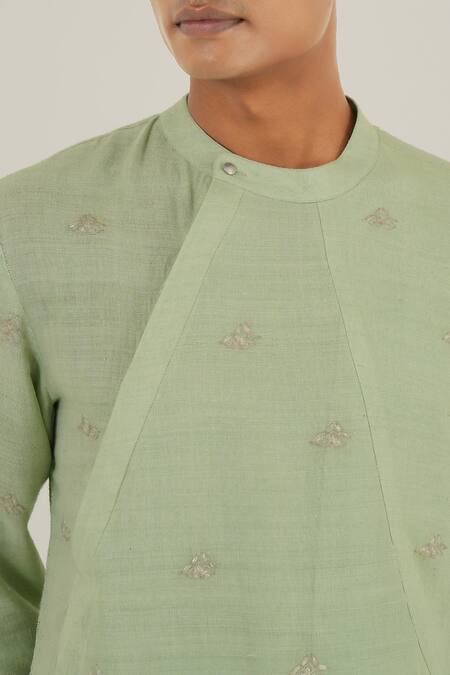 Dhruv Vaish_Green Silk, Cotton Embroidery Metallic Floral Kurta Set_Online_at_Aza_Fashions