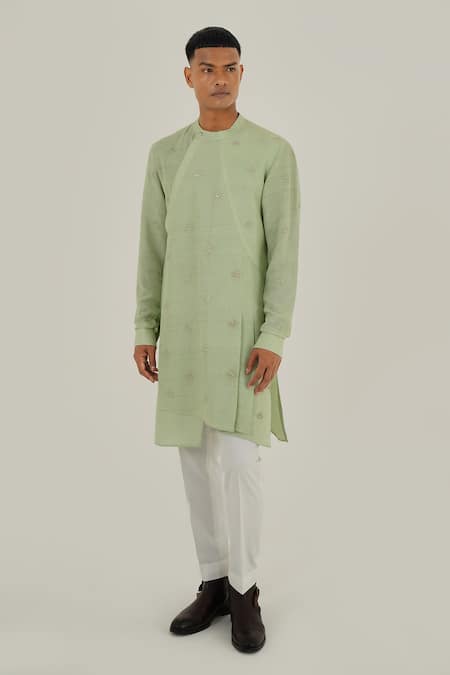 Buy_Dhruv Vaish_Green Silk, Cotton Embroidery Metallic Floral Kurta Set_Online_at_Aza_Fashions