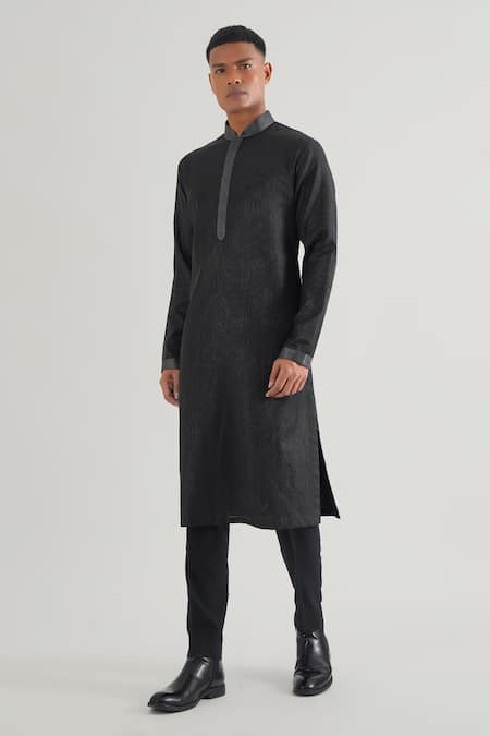 Dhruv Vaish Black Cotton Silk Chanderi Embroidery Stitchline Thread Kurta Set 