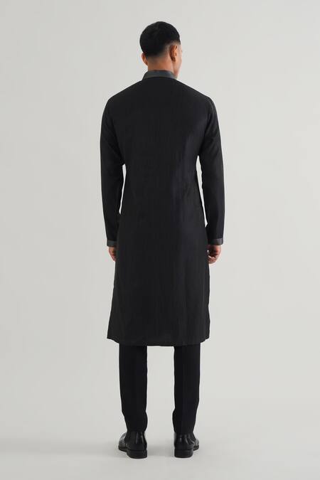 Shop Dhruv Vaish Black Chanderi Embroidery Stitchline Thread Kurta Set at Aza Fashions Shop_Dhruv Vaish_Black Chanderi Embroidery Stitchline Thread Kurta Set_at_Aza_Fashions