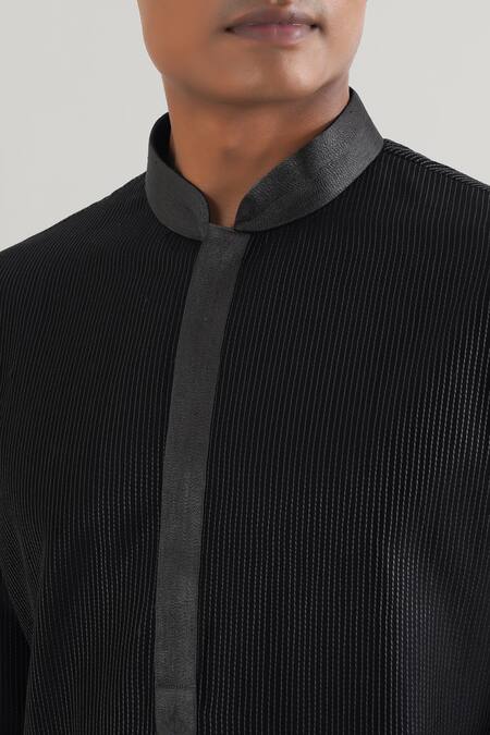 Dhruv Vaish Black Chanderi Embroidery Stitchline Thread Kurta Set Online at Aza Fashions Dhruv Vaish_Black Chanderi Embroidery Stitchline Thread Kurta Set_Online_at_Aza_Fashions