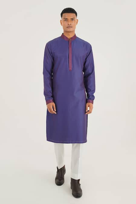 Dhruv Vaish Blue Cotton Silk Chanderi Embroidery Stitchline Thread Kurta And Pant Set 