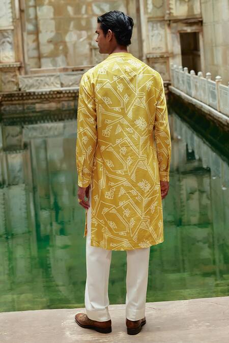 Shop_Dhruv Vaish_Yellow Chanderi Embroidery Printed Kurta Set _at_Aza_Fashions