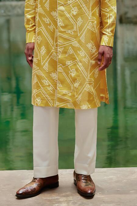 Dhruv Vaish_Yellow Chanderi Embroidery Printed Kurta Set _Online_at_Aza_Fashions