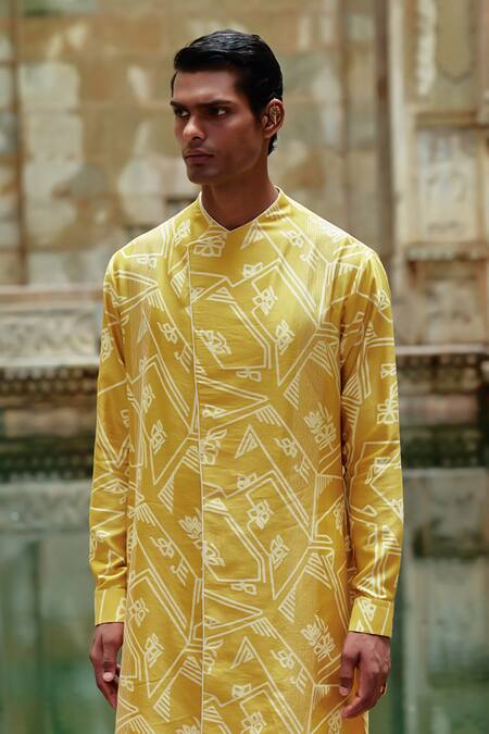 Buy_Dhruv Vaish_Yellow Chanderi Embroidery Printed Kurta Set _Online_at_Aza_Fashions