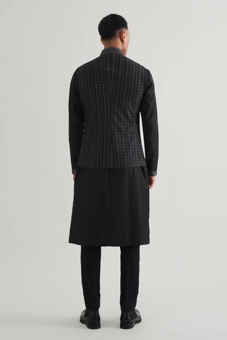 Shop Dhruv Vaish Black Silk Embroidery Leaf Jawahar Jacket at Aza Fashions Shop_Dhruv Vaish_Black Silk Embroidery Leaf Jawahar Jacket _at_Aza_Fashions