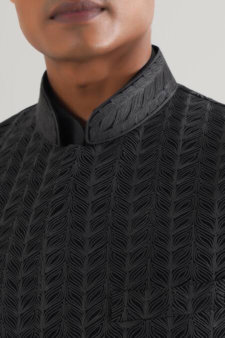 Dhruv Vaish Black Silk Embroidery Leaf Jawahar Jacket Online at Aza Fashions Dhruv Vaish_Black Silk Embroidery Leaf Jawahar Jacket _Online_at_Aza_Fashions