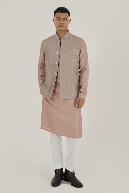Dhruv Vaish_Pink Silk Embroidery Thread Jawahar Jacket _Online_at_Aza_Fashions