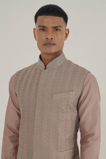 Buy_Dhruv Vaish_Pink Silk Embroidery Thread Jawahar Jacket _Online_at_Aza_Fashions